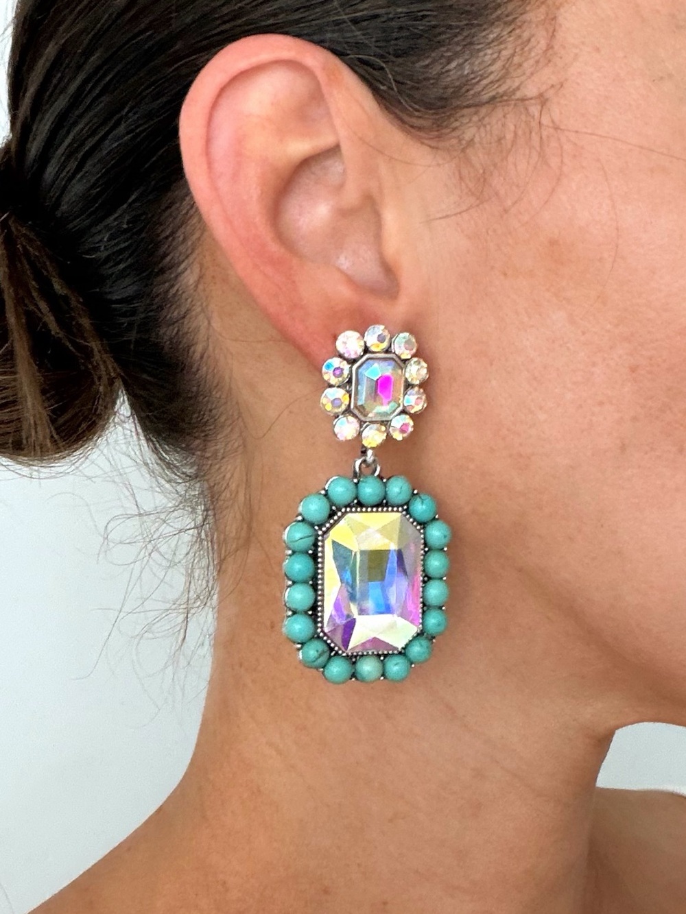 Statement Turquoise & Rhinestone Dangle Earrings
